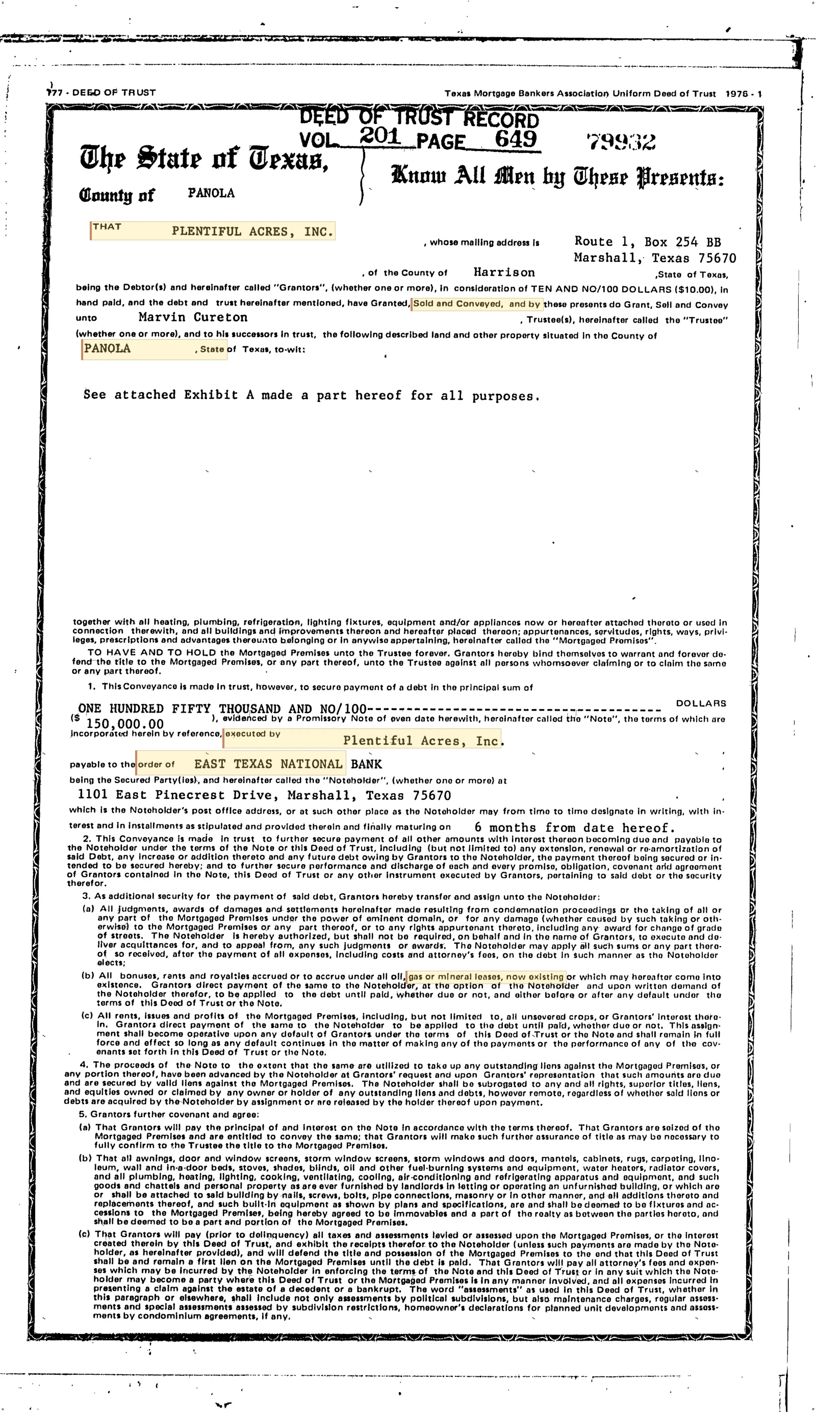 Plentiful Acres, Inc. - Recorded Deed Of Trust (Vol. 201, Page 649)