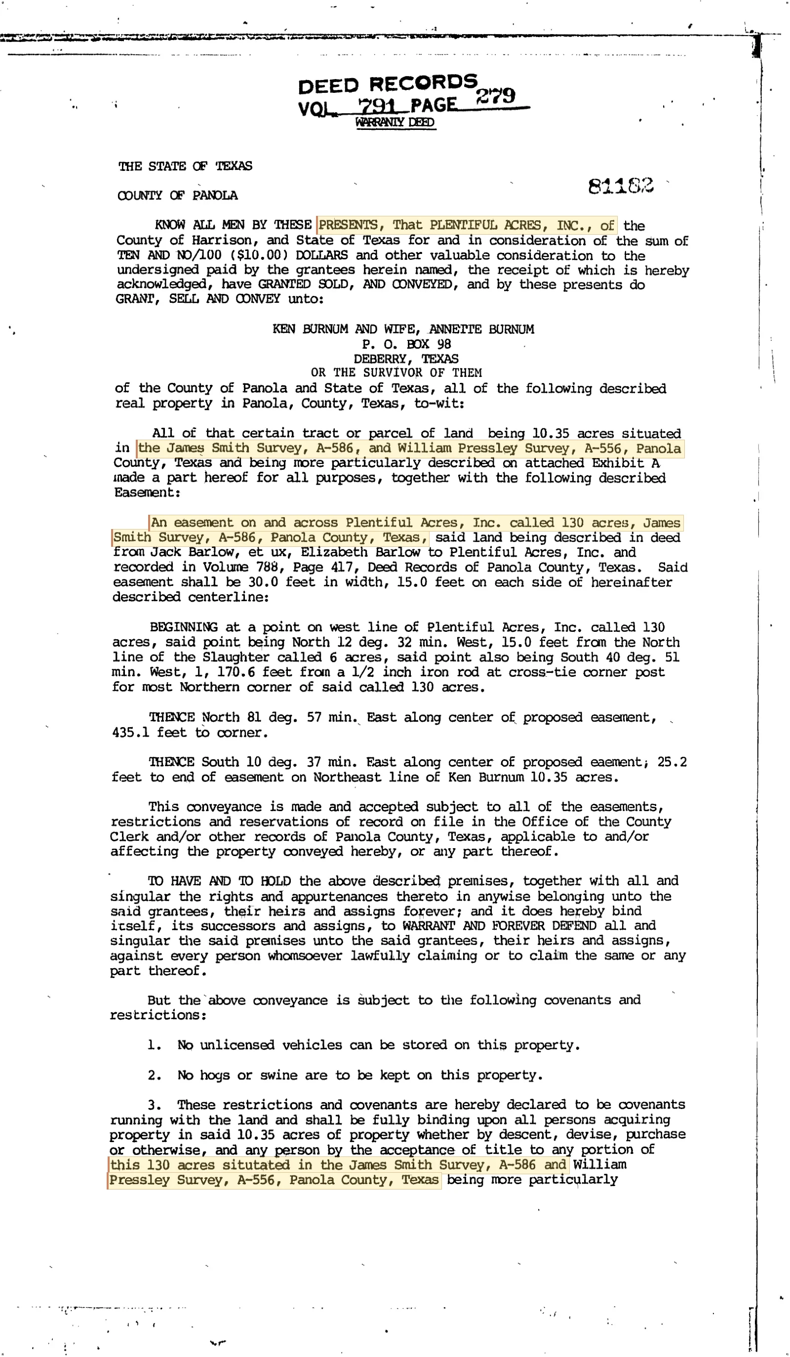 Plentiful Acres, Inc. - Recorded Warranty Deed (Vol. 791, Page 279)